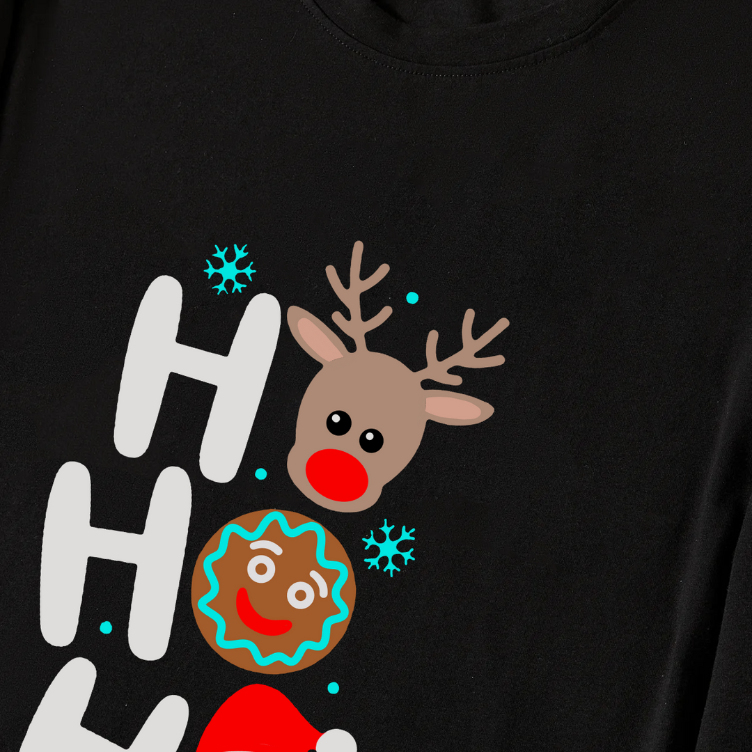 Drune | Weihnachten "HO HO HO" Textdruck Schwarzes Langarmoberteil mit grünem und schwarzem Karomuster Familienneutrale Pyjamas