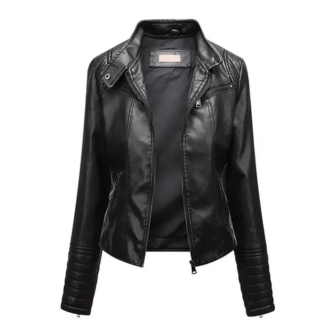 Drune | sportliche kurze Lederjacke für Damen mit Stehkragen