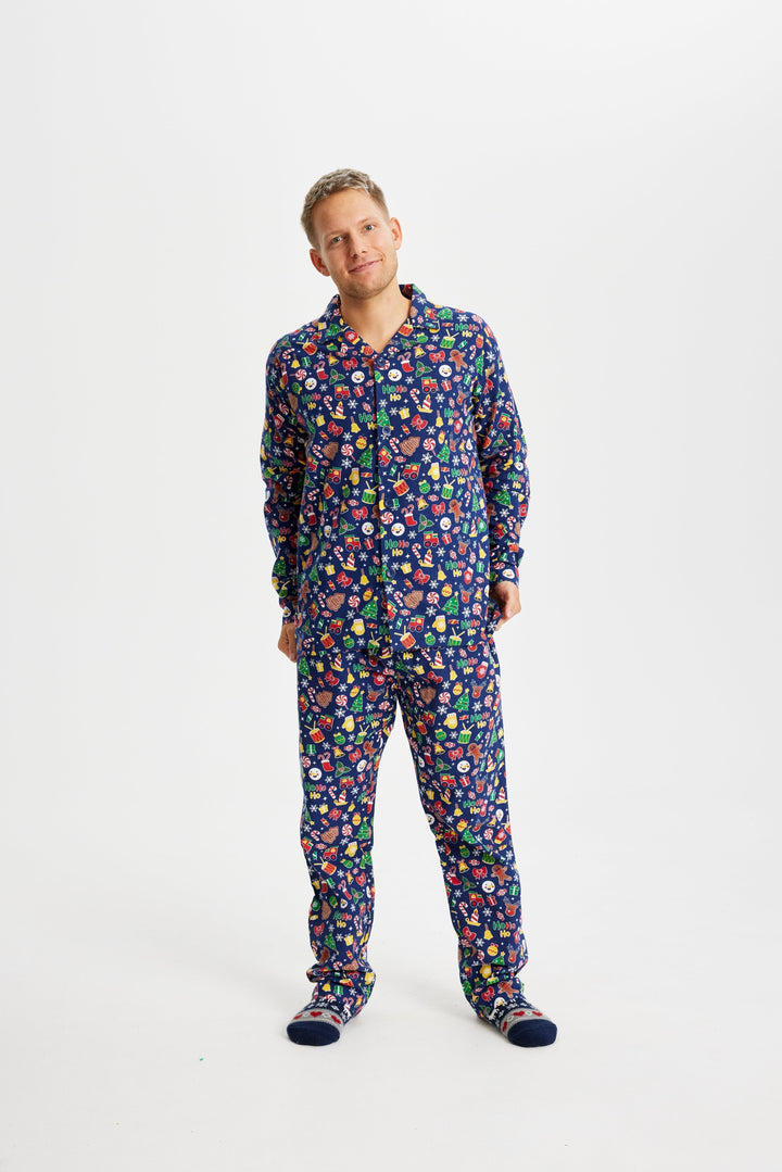 Drune | Verrückter Weihnachts-Pyjama Flanell Blau - Herren