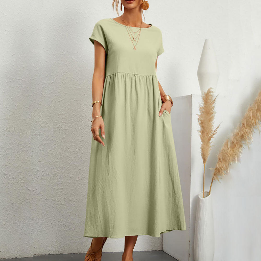 Drune | lockeres Rundhals-Sommer-Midikleid aus Baumwolle und Leinen