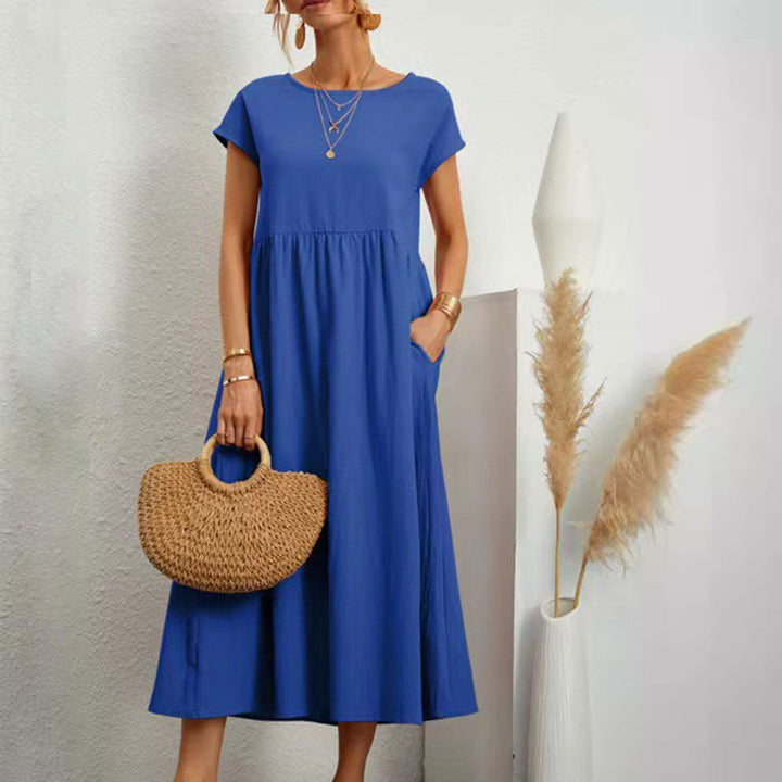 Drune | lockeres Rundhals-Sommer-Midikleid aus Baumwolle und Leinen