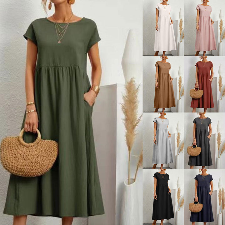 Drune | lockeres Rundhals-Sommer-Midikleid aus Baumwolle und Leinen