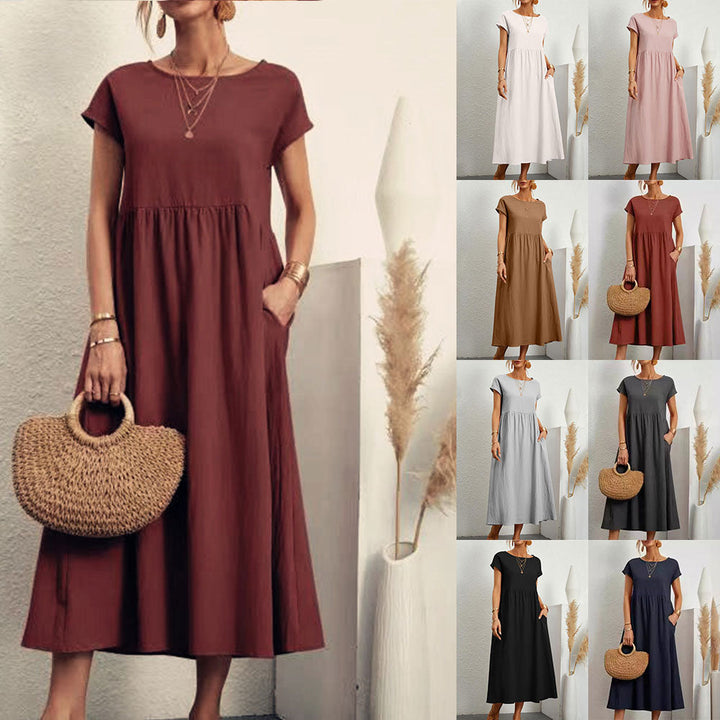Drune | lockeres Rundhals-Sommer-Midikleid aus Baumwolle und Leinen