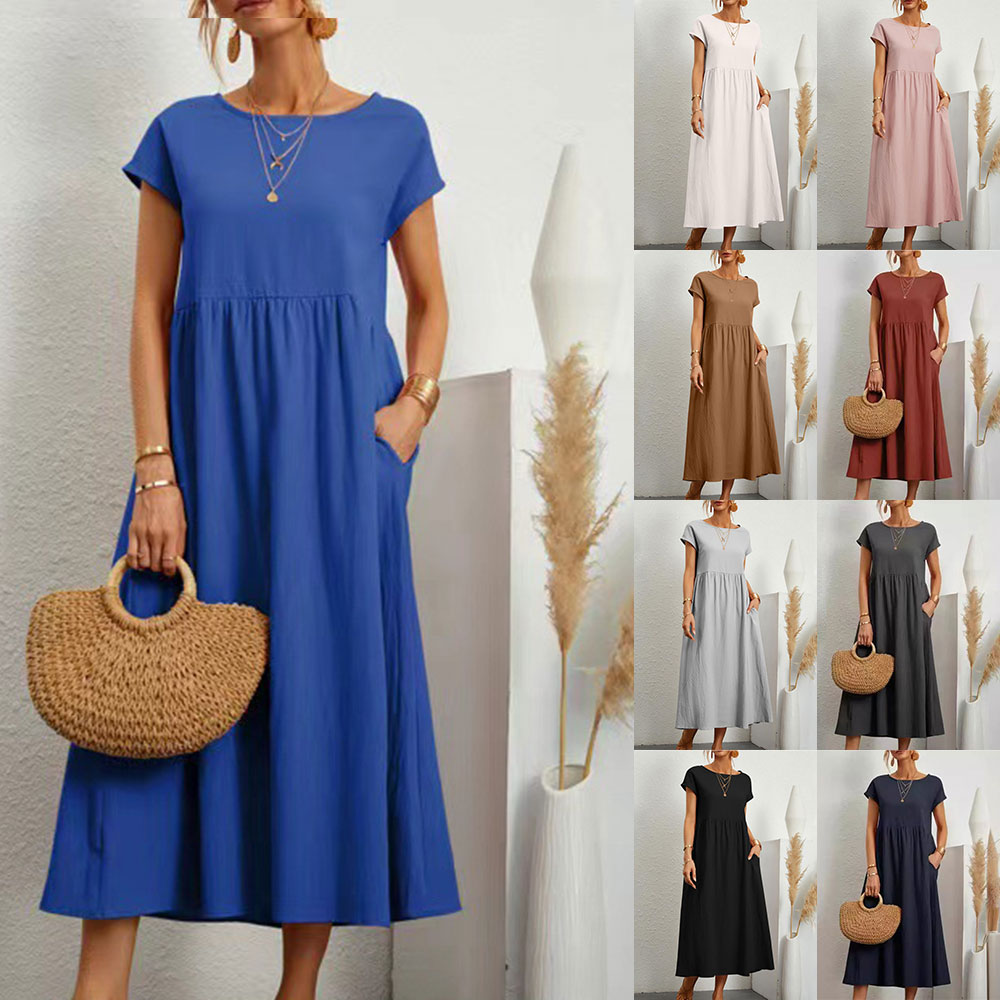 Drune | lockeres Rundhals-Sommer-Midikleid aus Baumwolle und Leinen