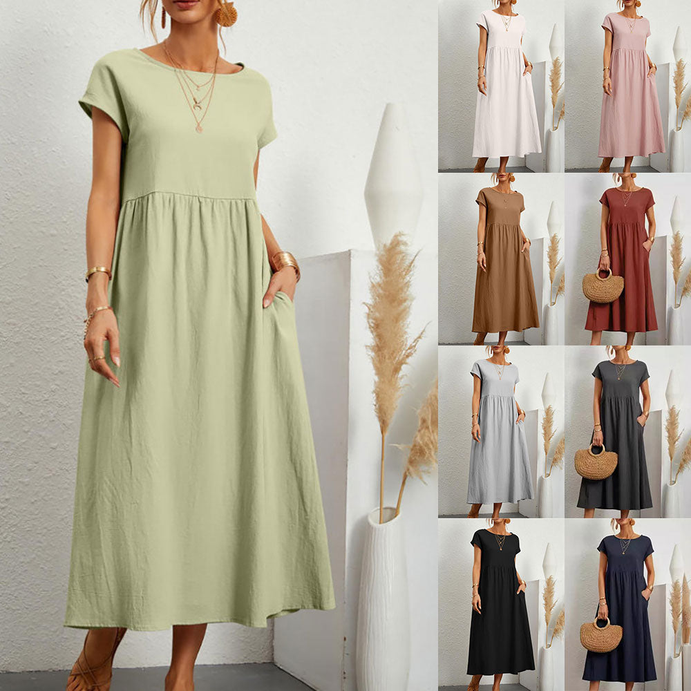 Drune | lockeres Rundhals-Sommer-Midikleid aus Baumwolle und Leinen