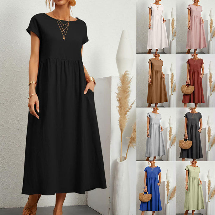 Drune | lockeres Rundhals-Sommer-Midikleid aus Baumwolle und Leinen