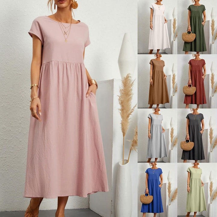 Drune | lockeres Rundhals-Sommer-Midikleid aus Baumwolle und Leinen