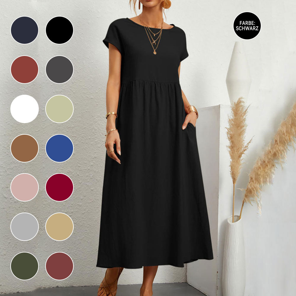Drune | lockeres Rundhals-Sommer-Midikleid aus Baumwolle und Leinen