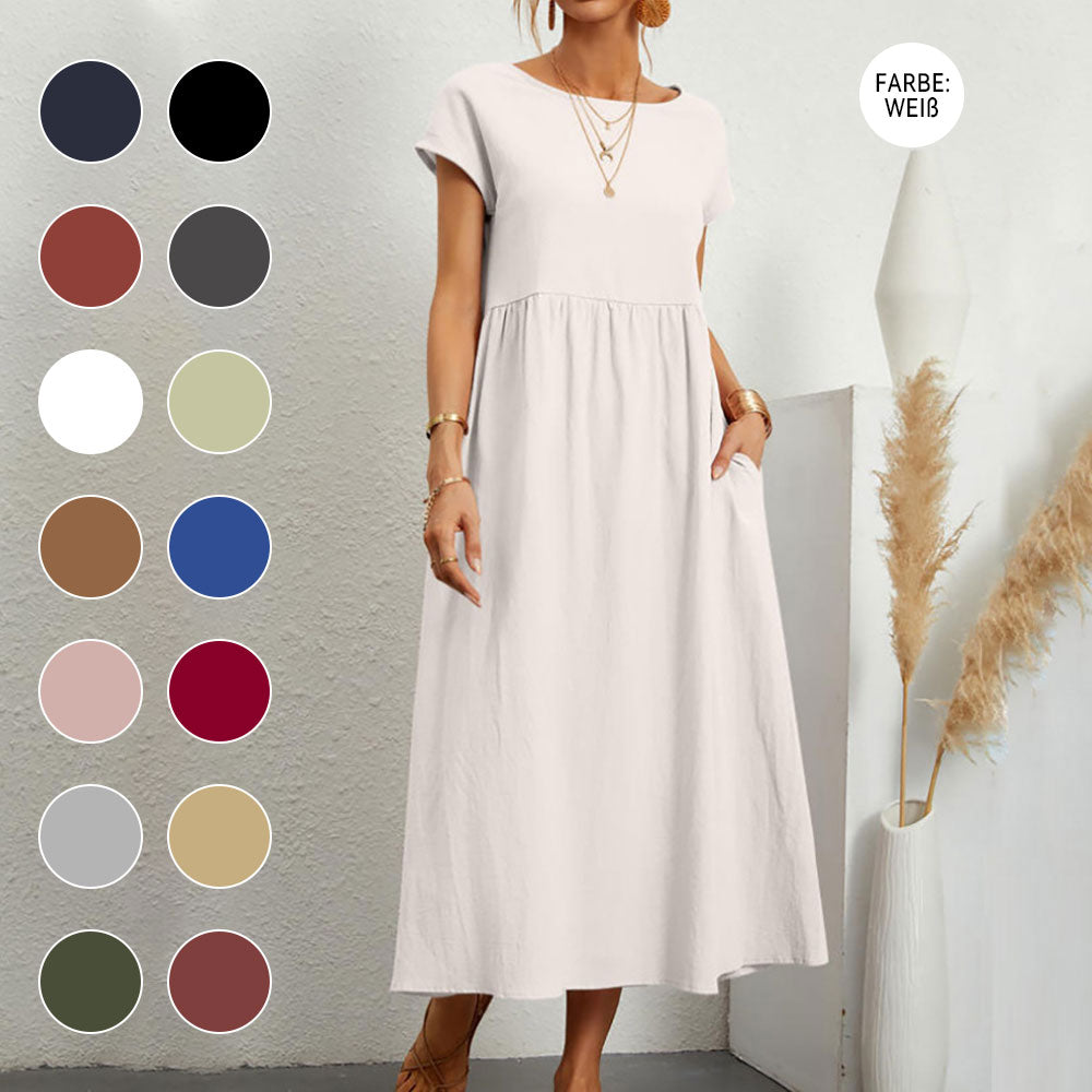 Drune | lockeres Rundhals-Sommer-Midikleid aus Baumwolle und Leinen