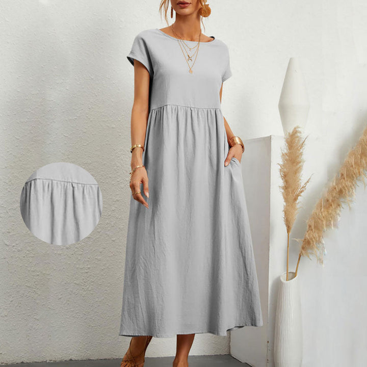 Drune | lockeres Rundhals-Sommer-Midikleid aus Baumwolle und Leinen