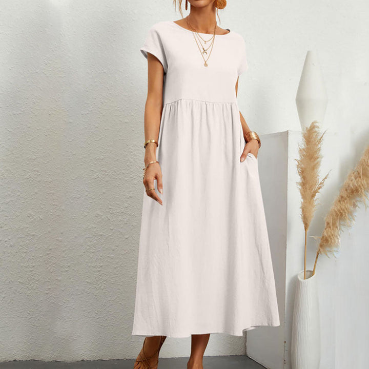 Drune | lockeres Rundhals-Sommer-Midikleid aus Baumwolle und Leinen