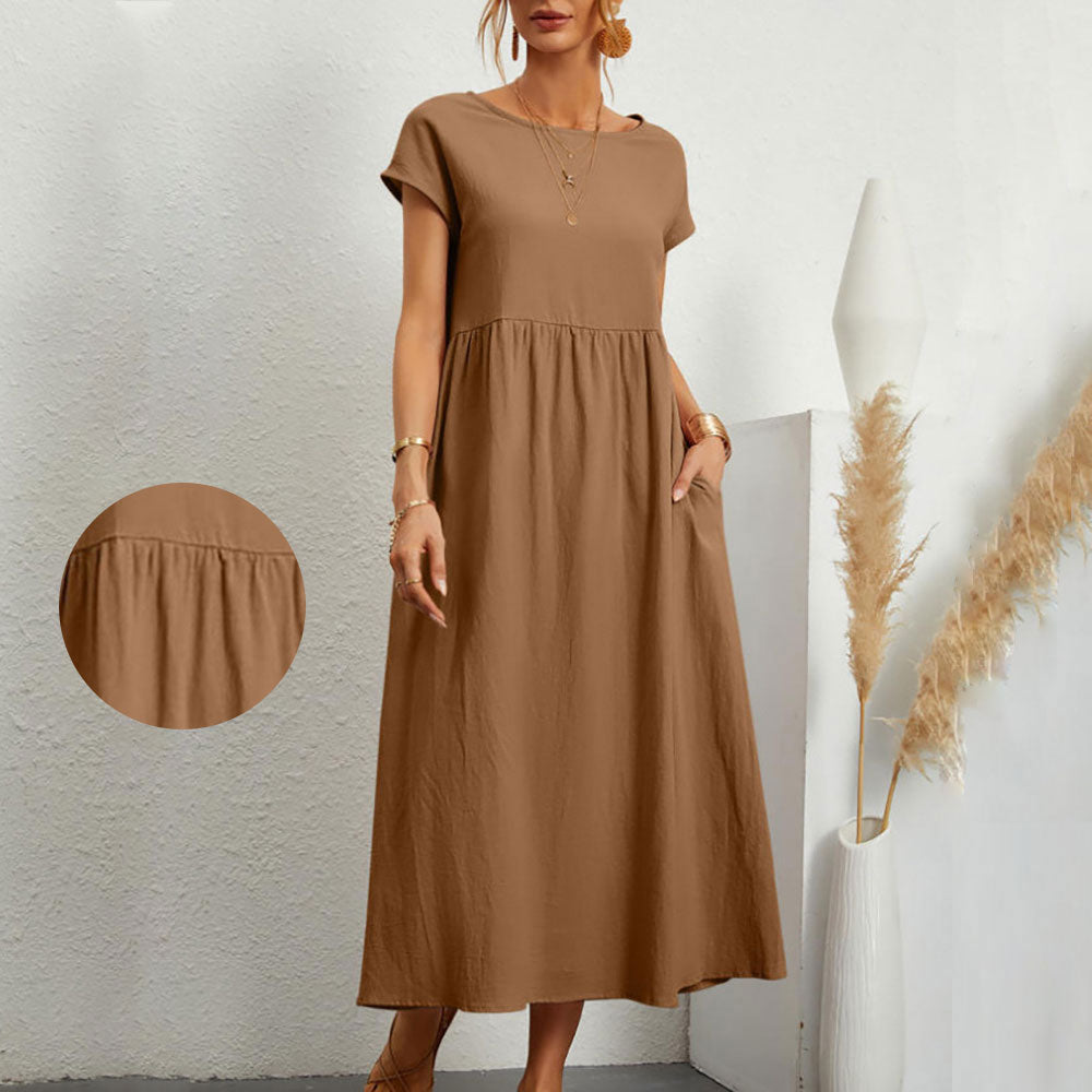 Drune | lockeres Rundhals-Sommer-Midikleid aus Baumwolle und Leinen