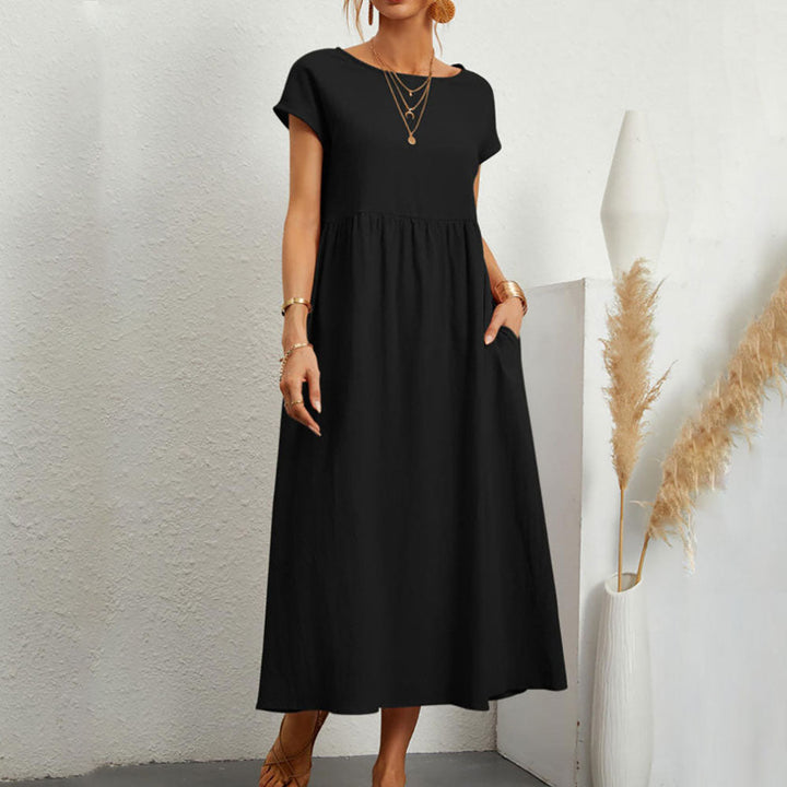 Drune | lockeres Rundhals-Sommer-Midikleid aus Baumwolle und Leinen