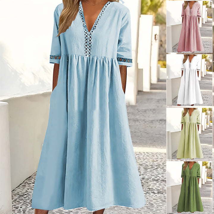 Drune | Lässiges, lockeres Sommerkleid aus Baumwolle und Leinen mit V-Ausschnitt und kurzen Ärmeln