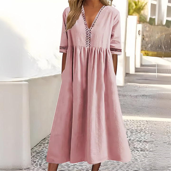Drune | Lässiges, lockeres Sommerkleid aus Baumwolle und Leinen mit V-Ausschnitt und kurzen Ärmeln