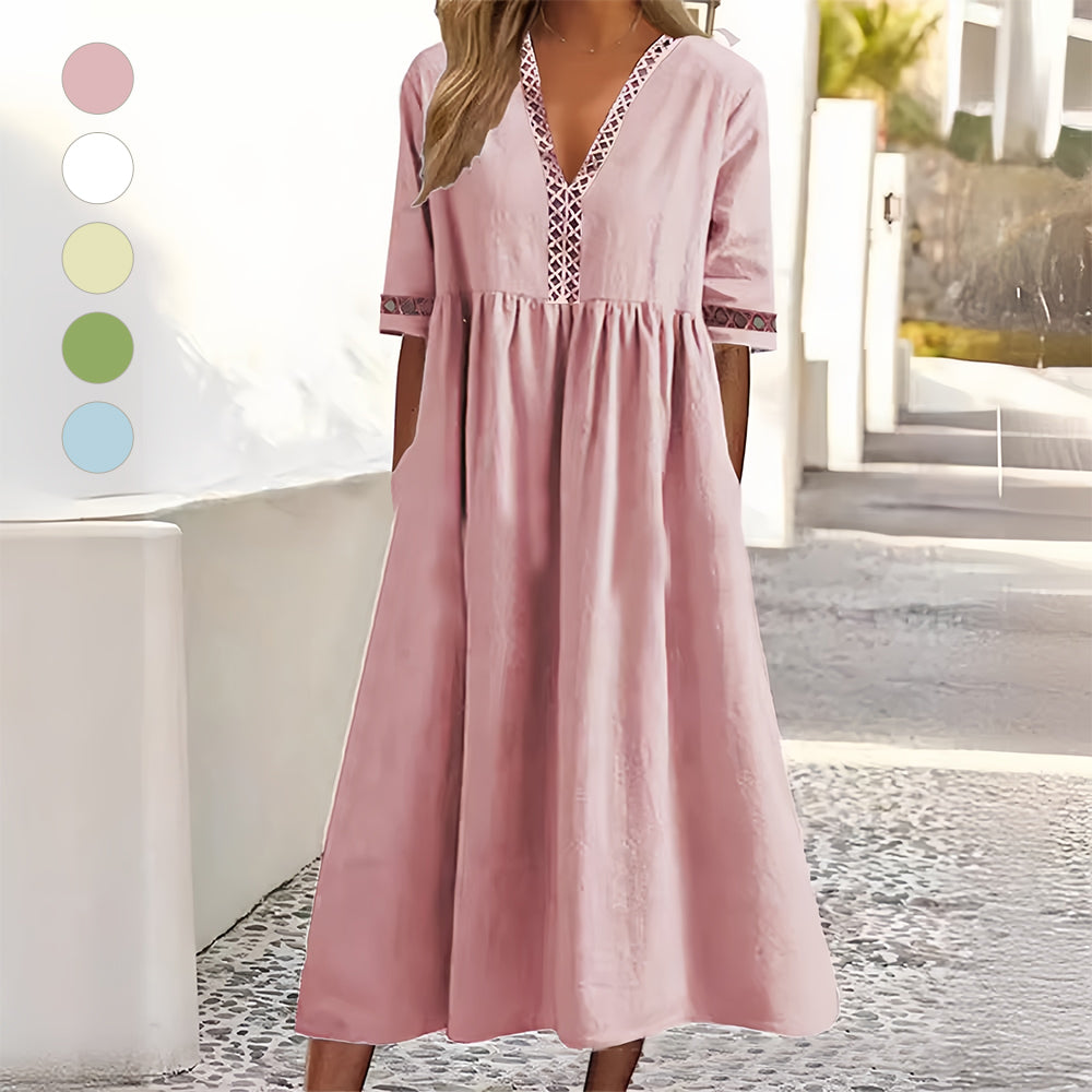 Drune | Lässiges, lockeres Sommerkleid aus Baumwolle und Leinen mit V-Ausschnitt und kurzen Ärmeln