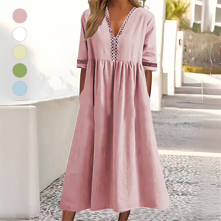Drune | Lässiges, lockeres Sommerkleid aus Baumwolle und Leinen mit V-Ausschnitt und kurzen Ärmeln