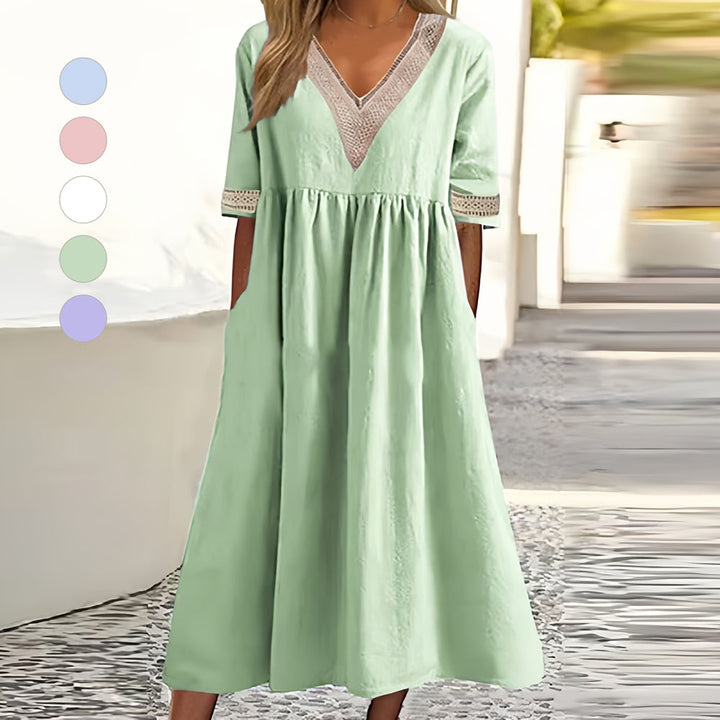 Drune | A-Linien-Midi-Sommerkleid mit V-Ausschnitt und Kurzen Ärmeln für Damen