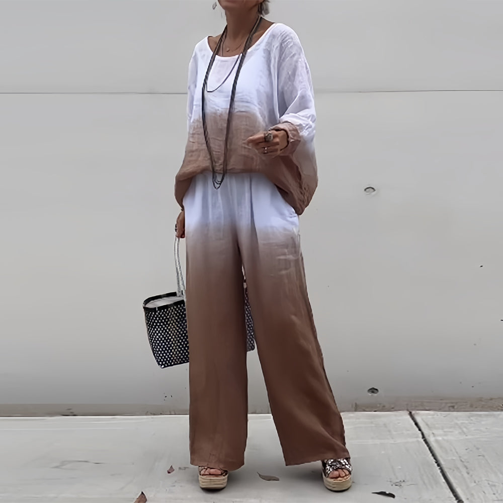 Drune | T-Shirt + Hose aus Baumwolle und Leinen mit Farbverlauf und Rundhalsausschnitt für Damen