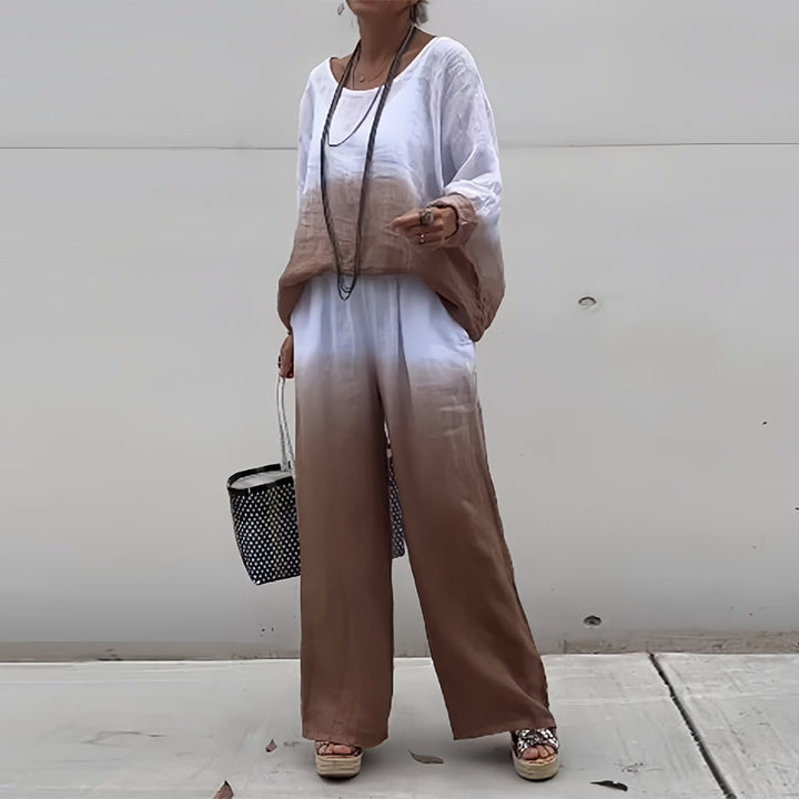 Drune | T-Shirt + Hose aus Baumwolle und Leinen mit Farbverlauf und Rundhalsausschnitt für Damen