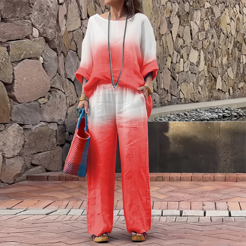 Drune | T-Shirt + Hose aus Baumwolle und Leinen mit Farbverlauf und Rundhalsausschnitt für Damen