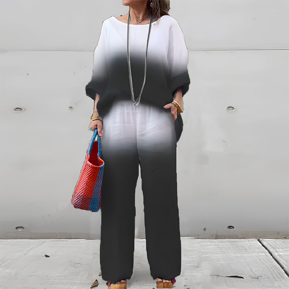 Drune | T-Shirt + Hose aus Baumwolle und Leinen mit Farbverlauf und Rundhalsausschnitt für Damen