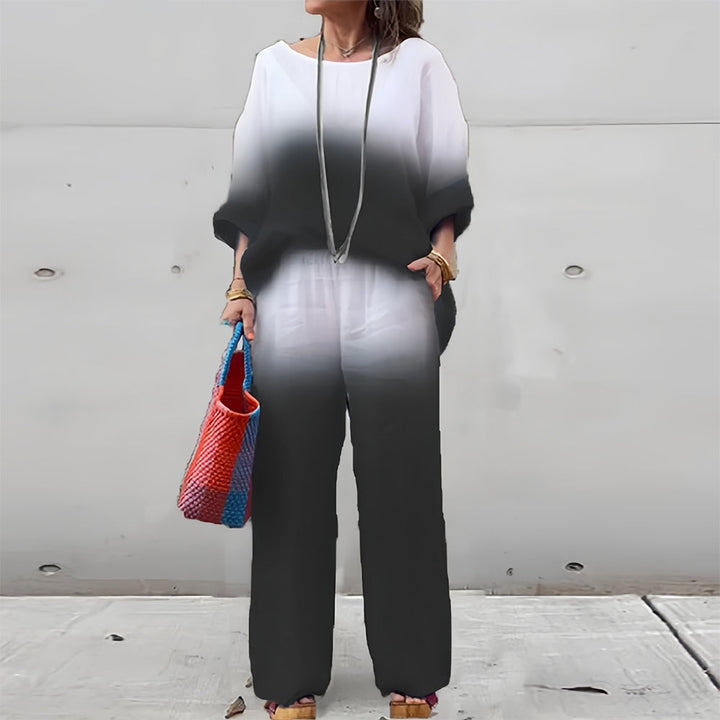 Drune | T-Shirt + Hose aus Baumwolle und Leinen mit Farbverlauf und Rundhalsausschnitt für Damen
