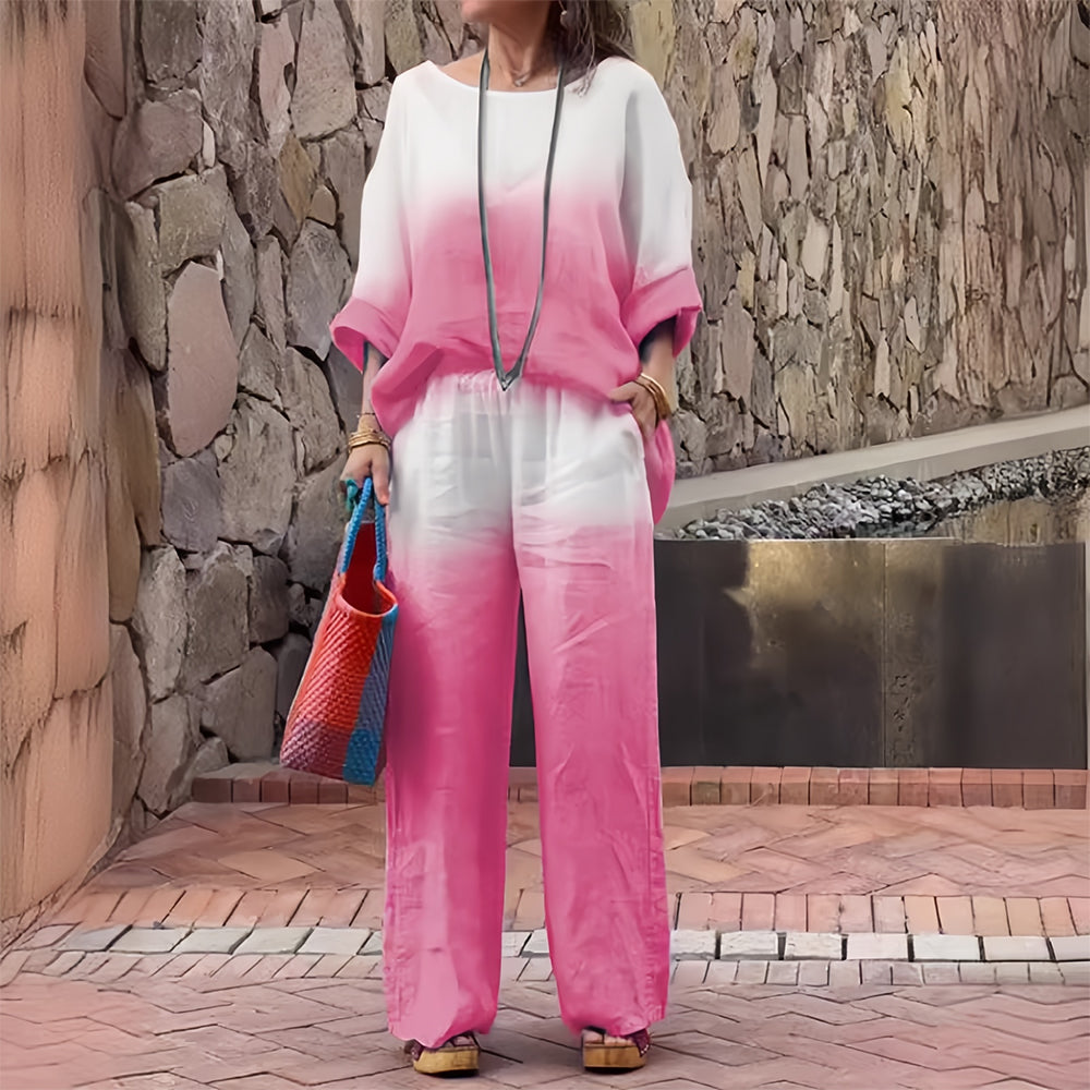 Drune | T-Shirt + Hose aus Baumwolle und Leinen mit Farbverlauf und Rundhalsausschnitt für Damen