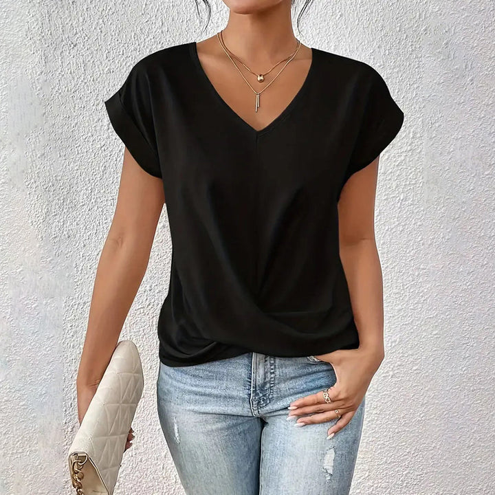 Drune | Elegantes, einfarbiges T-Shirt mit V-Ausschnitt und gedrehtem Saum für Damen