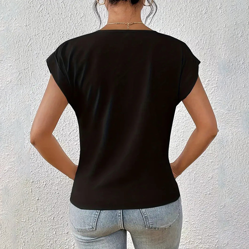Drune | Elegantes, einfarbiges T-Shirt mit V-Ausschnitt und gedrehtem Saum für Damen