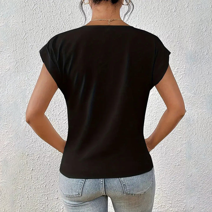 Drune | Elegantes, einfarbiges T-Shirt mit V-Ausschnitt und gedrehtem Saum für Damen