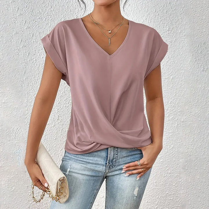 Drune | Elegantes, einfarbiges T-Shirt mit V-Ausschnitt und gedrehtem Saum für Damen