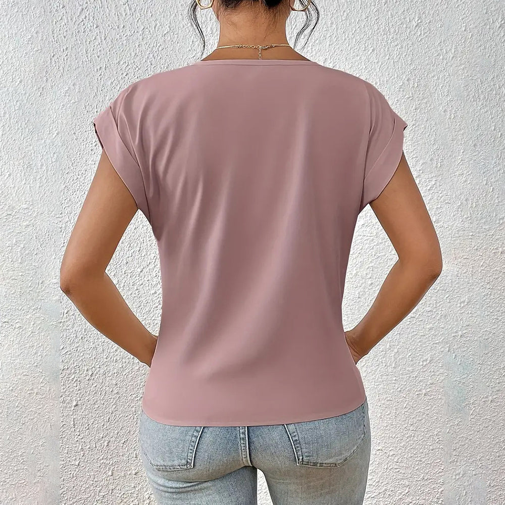 Drune | Elegantes, einfarbiges T-Shirt mit V-Ausschnitt und gedrehtem Saum für Damen