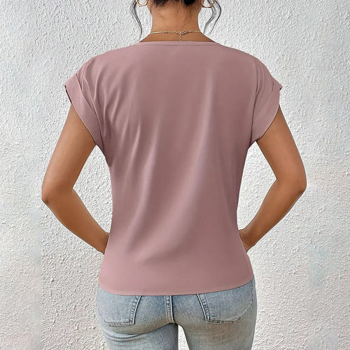 Drune | Elegantes, einfarbiges T-Shirt mit V-Ausschnitt und gedrehtem Saum für Damen