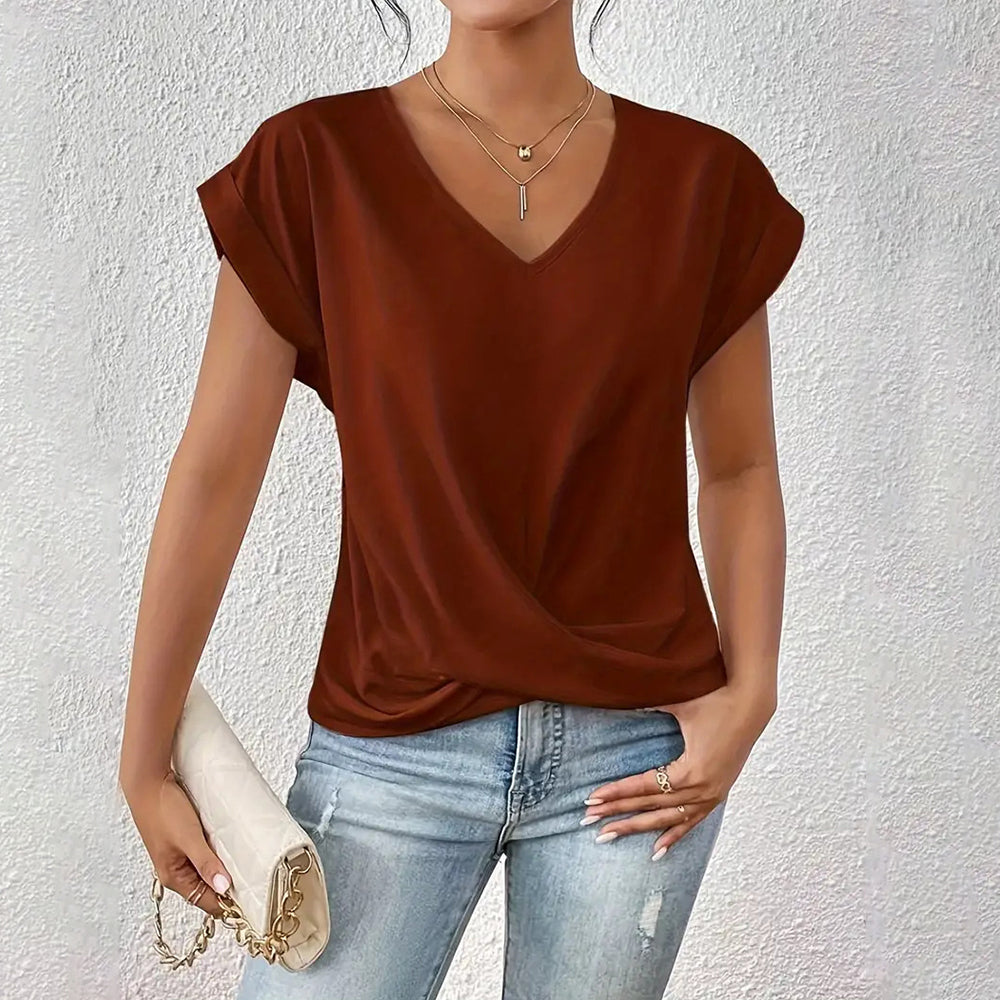 Drune | Elegantes, einfarbiges T-Shirt mit V-Ausschnitt und gedrehtem Saum für Damen