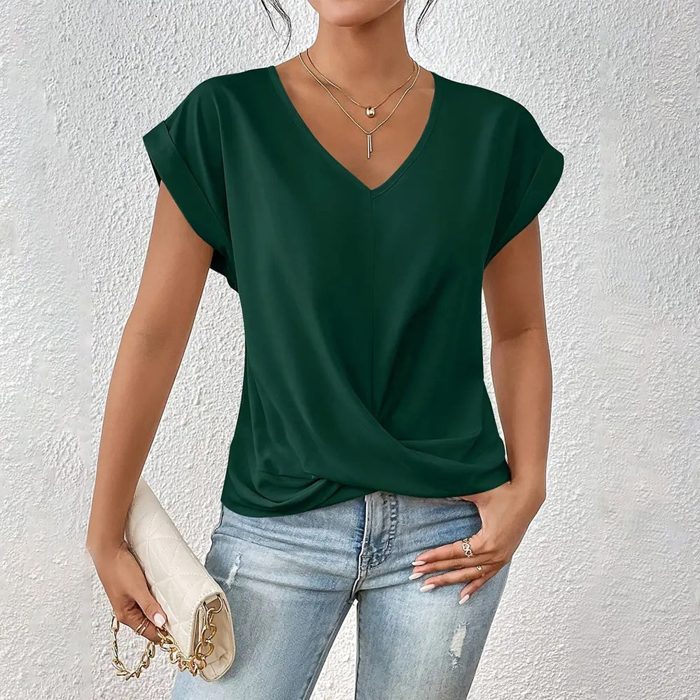 Drune | Elegantes, einfarbiges T-Shirt mit V-Ausschnitt und gedrehtem Saum für Damen