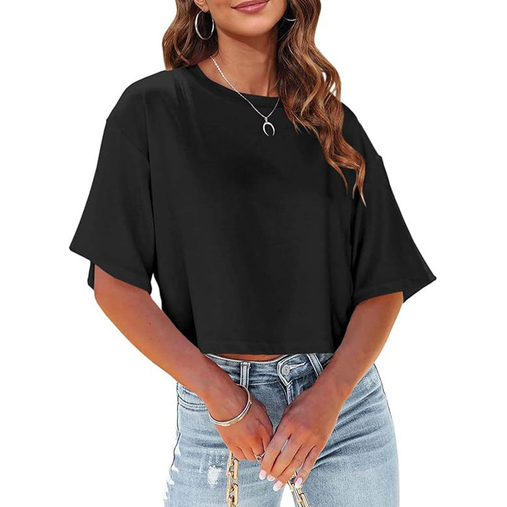 Drune | Lässiges, Einfarbiges, Kurzes T-Shirt mit Rundhalsausschnitt für Damen