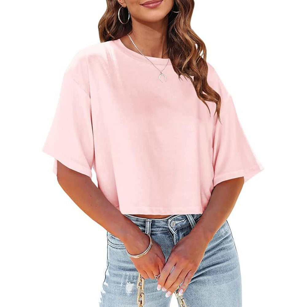 Drune | Lässiges, einfarbiges, kurzes T-Shirt mit Rundhalsausschnitt für Damen