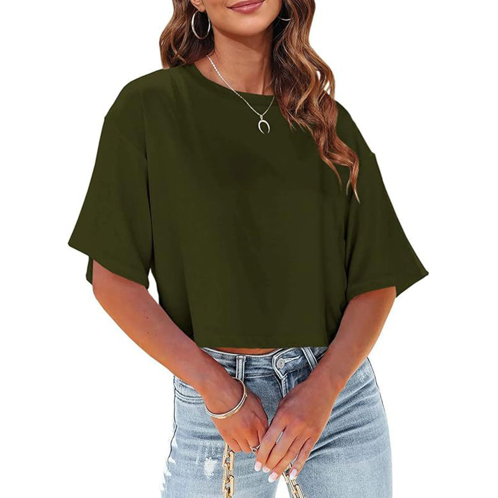 Drune | Lässiges, Einfarbiges, Kurzes T-Shirt mit Rundhalsausschnitt für Damen