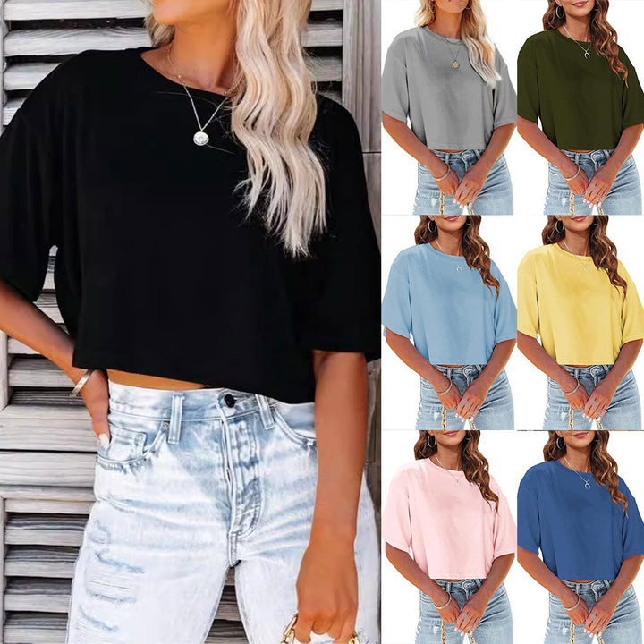 Drune | Lässiges, einfarbiges, kurzes T-Shirt mit Rundhalsausschnitt für Damen