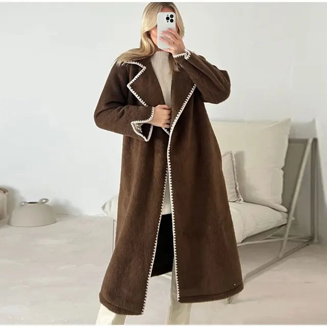 Drune | Elegante Lange Jacke mit Kontrastnähten Wollmischung Luxuriös, Bequem