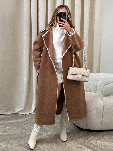 Drune | Elegante Lange Jacke mit Kontrastnähten Wollmischung Luxuriös, Bequem