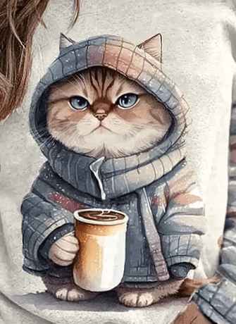 Drune | Niedlicher Katzenpullover Lässig Einzigartiger Druck Ideal für den Winter