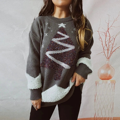 Drune | Damen Mit Weihnachtsbaum - Lockere Passform Winterpullover