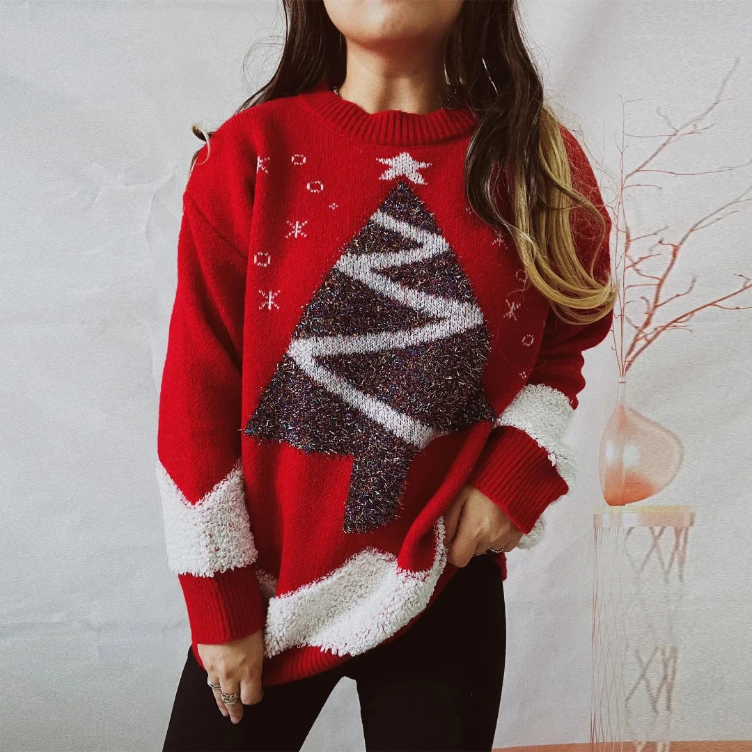 Drune | Damen Mit Weihnachtsbaum - Lockere Passform Winterpullover