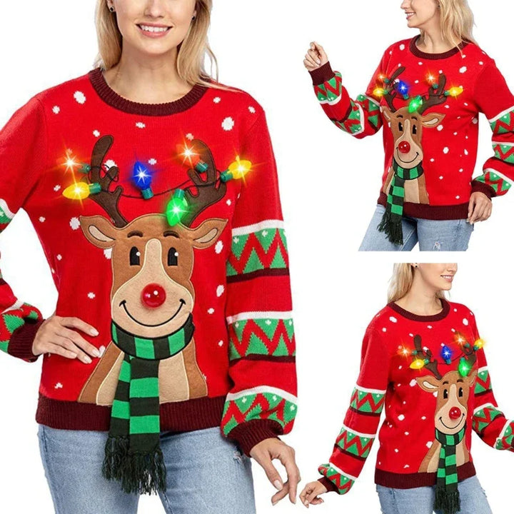 Drune | Weihnachts-Pullover mit LED-Beleuchtung - Warmer & Stilvoller Damenpullover mit Rentiermuster