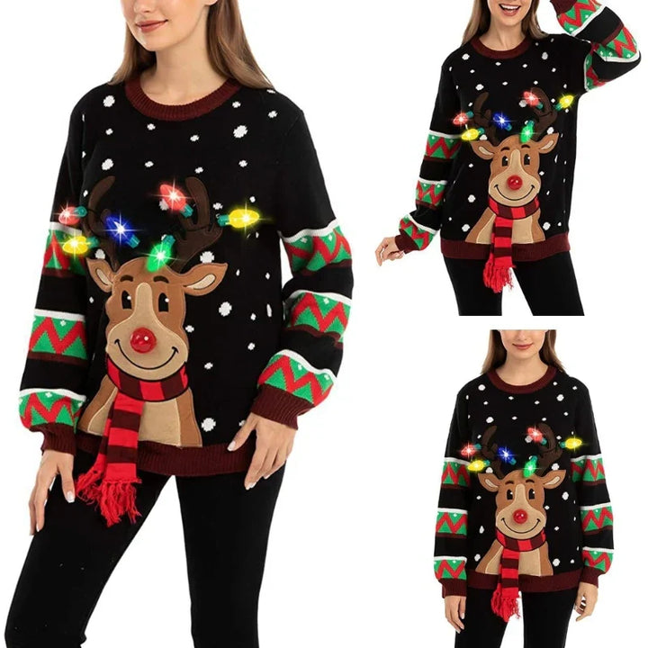 Drune | Weihnachts-Pullover mit LED-Beleuchtung - Warmer & Stilvoller Damenpullover mit Rentiermuster