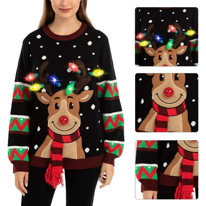 Drune | Weihnachts-Pullover mit LED-Beleuchtung - Warmer & Stilvoller Damenpullover mit Rentiermuster