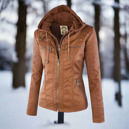 Drune | Leder Kapuzen Bikerjacke Slim Fit Reißverschlusstaschenjacke