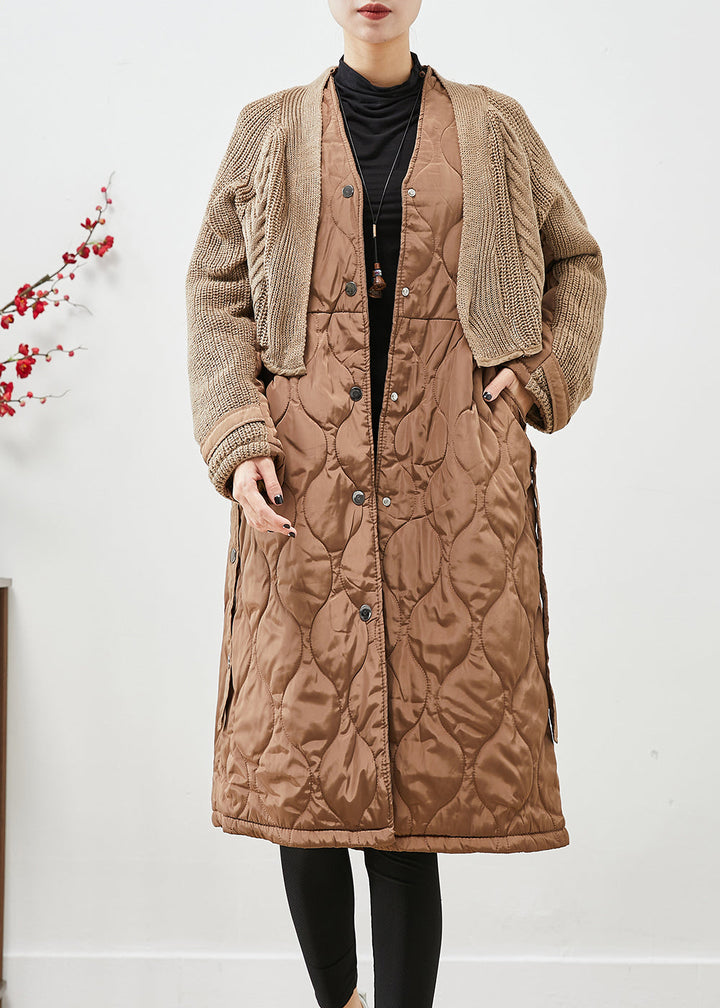 Drune | Patchwork Strickfein Baumwolle Gefüllte Puffers Jacken V Hals Taschen Winter